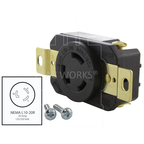 Ac Works 20A 125/250V NEMA L10-20R Flush Mount Locking Industrial Grade Receptacle - FML1020R