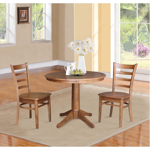 International Concepts Round 36 in Rd Top Pedestal Table, 2 Emily Chairs, Distressed Oak, 36 in W, 36 in L, 29.1 in H - K42-36RT-27B-C617-2