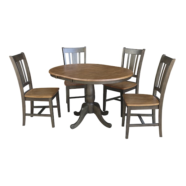 International Concepts Round 36 in Rd Extension Dining table, 4 RTA chairs, Hickory/Washed Coal, 36 in W, 48 in L, 29.3 in H - K45-36RXT-C10-4