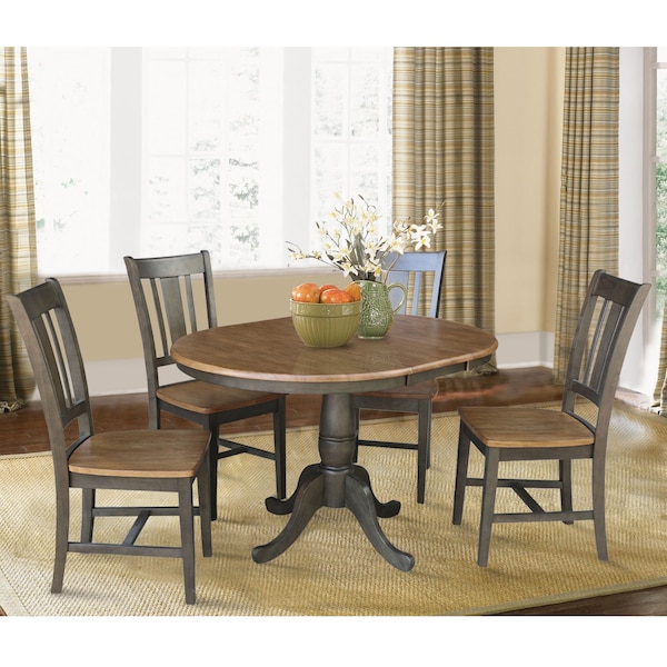 International Concepts Round 36 in Rd Extension Dining table, 4 RTA chairs, Hickory/Washed Coal, 36 in W, 48 in L, 29.3 in H - K45-36RXT-C10-4