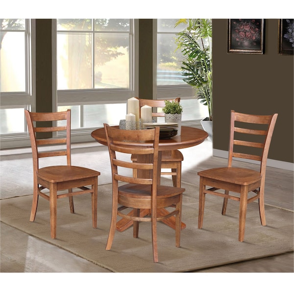 International Concepts 36 in. Solid Wood Round Top Pedestal Dining Table with 4 Chairs in Distress Oak - K42-36RT-23B-C617-4