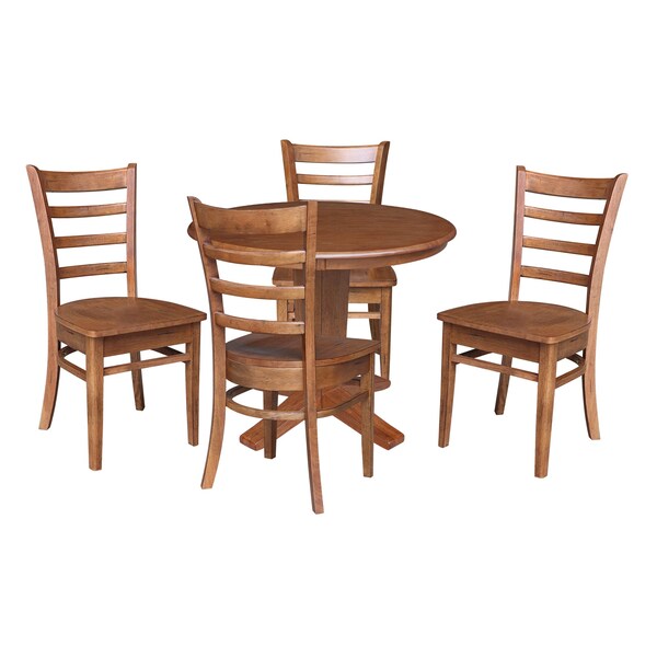 International Concepts 36 in. Solid Wood Round Top Pedestal Dining Table with 4 Chairs in Distress Oak - K42-36RT-23B-C617-4