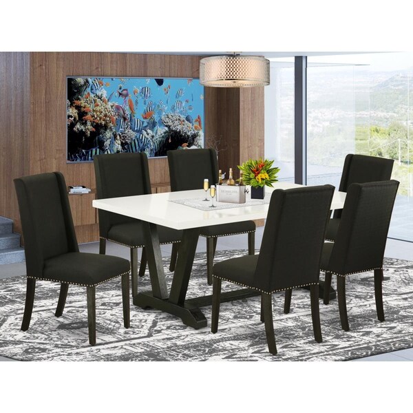 East West Furniture 7 Piece V-Style Dining Room Table Set - Black - V626FL624-7
