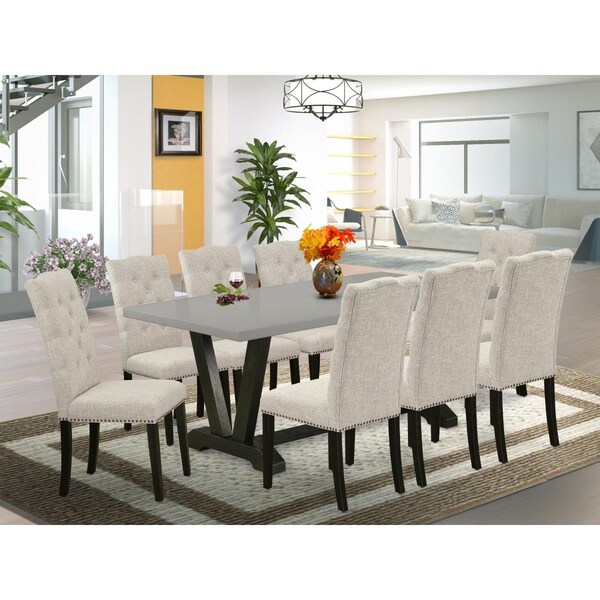 East West Furniture 9 Piece V-Style Kitchen Dining Table Set - Dark Khaki - V697EL635-9