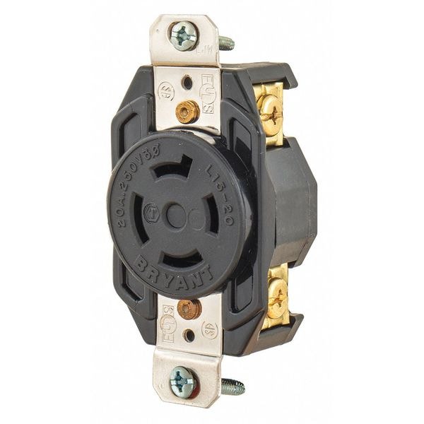 Zoro Select Locking Receptacle, Black, 250VAC, 3 HP, 20A - 71520FR