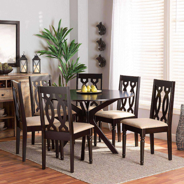 Baxton Studio Callie Modern and Contemporary Sand Fabric and Dark Brown Finished Wood 7-Piece Dining Set - 174-10539-10894-ZORO