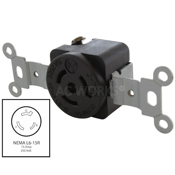Ac Works NEMA L6-15R 15A 250V Flush Mount Locking Industrial Grade Receptacle - FML615R