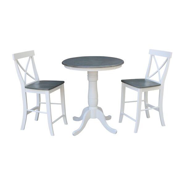 International Concepts Round 30 in Rd Ped Gathering Ht Table, 2 X-Back Stools, White/Heather Gray, 30 in W, 30 in L, Wood - K05-30RT-6B-S6132-2