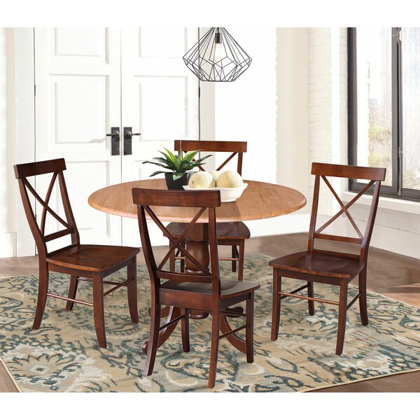 International Concepts 42 in. Dual Drop Leaf Table with 4 Cross Back Dining Chairs - 5 Piece Dining Set - K58-42DP-C581-613-4