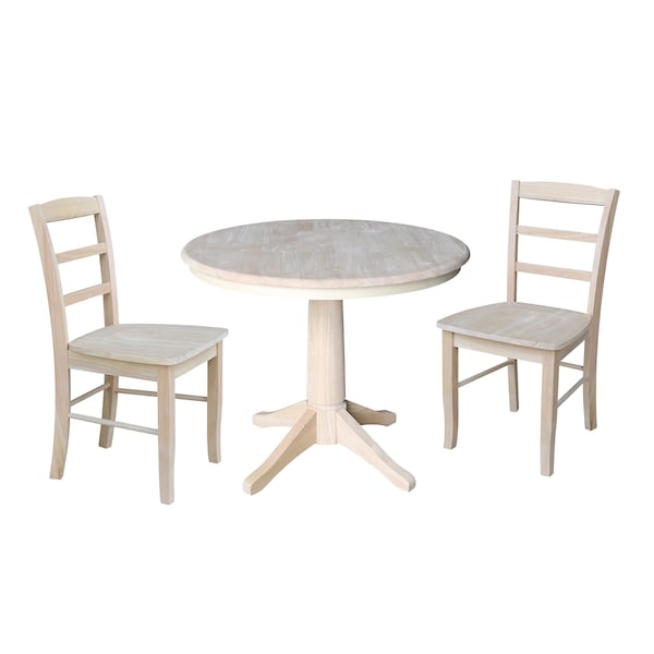 International Concepts Round 36 in Round Top Pedestal Table, with 2 Madrid Chairs, Unfinished, 36 in W, 36 in L, 29.9 in H - K-36RT-27B-C2-2