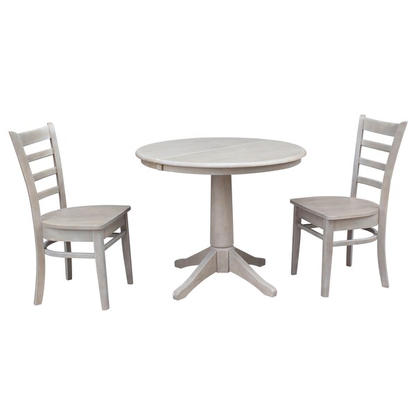 International Concepts Round 36 in Rd Extension Dining Table, 2 Emily Chairs, Washed Gray Taupe, 36 in W, 48 in L, Wood - K09-36RXT-27B-C617-2