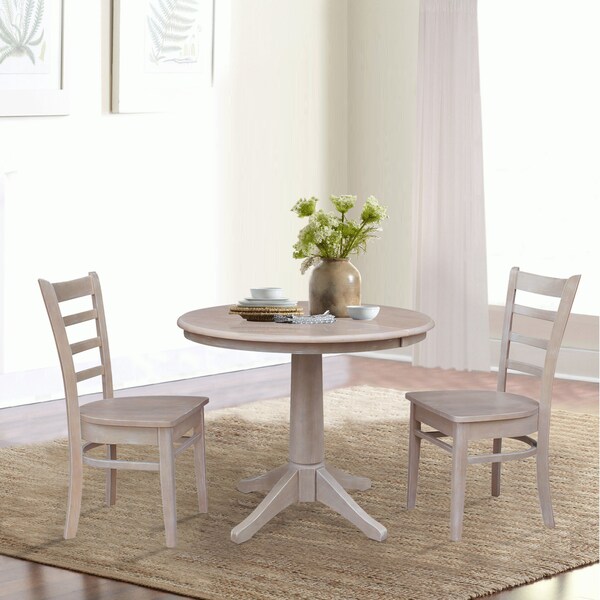 International Concepts Round 36 in Rd Extension Dining Table, 2 Emily Chairs, Washed Gray Taupe, 36 in W, 48 in L, Wood - K09-36RXT-27B-C617-2