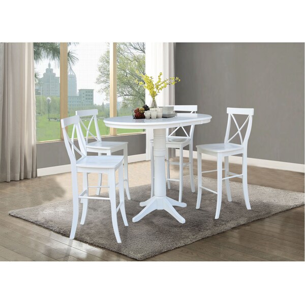 International Concepts Round 36 in Rd Extension Dining Table 40.9 inH, 4 X-Back Bar Height Stools, White, 36 in W, 48 in L - K08-36RXT-27B-6133-4