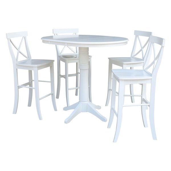 International Concepts Round 36 in Rd Extension Dining Table 40.9 inH, 4 X-Back Bar Height Stools, White, 36 in W, 48 in L - K08-36RXT-27B-6133-4