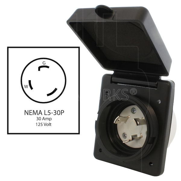 Ac Works 30A 125V L5-30P RV/Marine Power Input Inlet in Black With Cover - RVINL530-BK