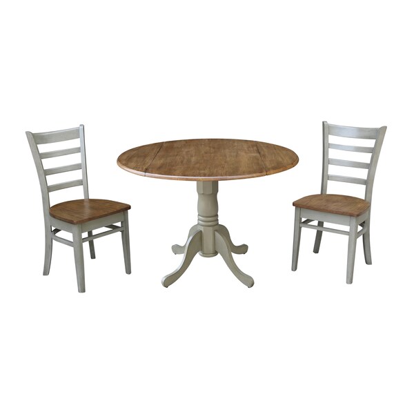 International Concepts Round 42 in Dual Drop Leaf Table, 2 Emily Side Chairs, Hickory/Stone, 42 in W, 42 in L, 29.5 in H - K41-42DP-C617P