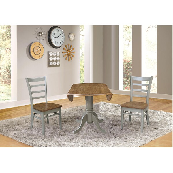 International Concepts Round 42 in Dual Drop Leaf Table, 2 Emily Side Chairs, Hickory/Stone, 42 in W, 42 in L, 29.5 in H - K41-42DP-C617P