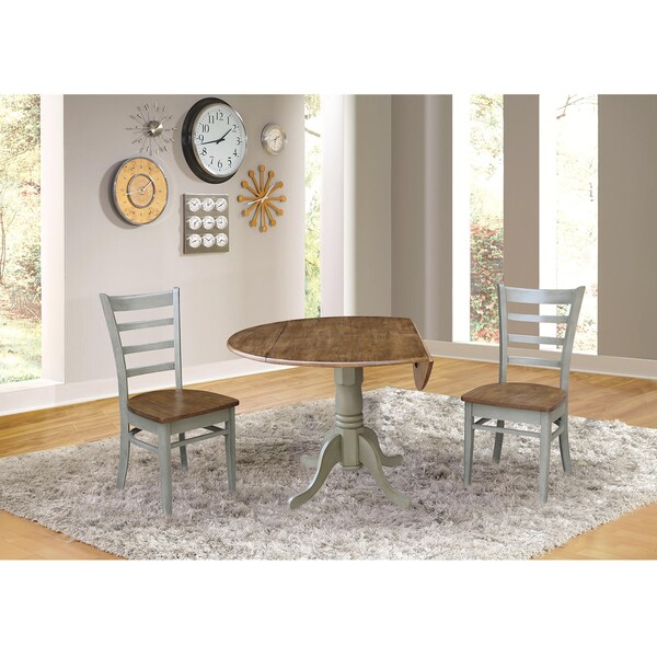 International Concepts Round 42 in Dual Drop Leaf Table, 2 Emily Side Chairs, Hickory/Stone, 42 in W, 42 in L, 29.5 in H - K41-42DP-C617P