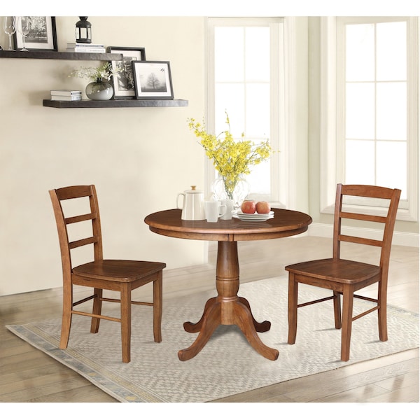 International Concepts 36 in. Round Top Pedestal Dining Table with 2 Madrid LadderBack Chairs - 3 Piece Dining Set - K42-36RT-C2-2