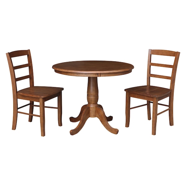 International Concepts 36 in. Round Top Pedestal Dining Table with 2 Madrid LadderBack Chairs - 3 Piece Dining Set - K42-36RT-C2-2