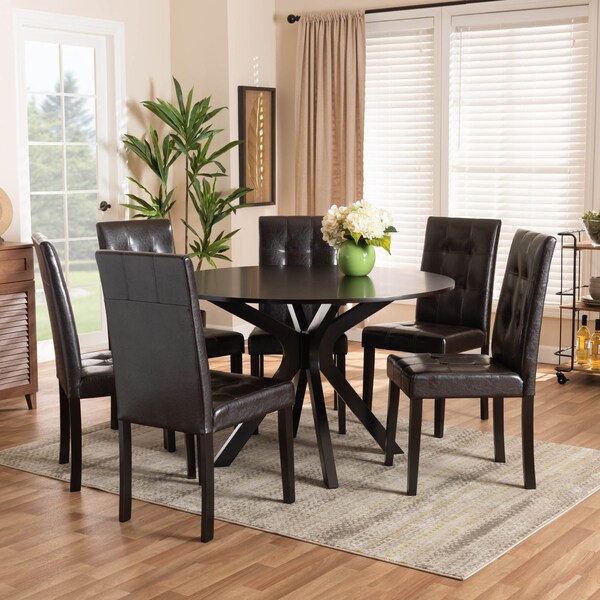 Baxton Studio Marie Dark Brown Upholstered and Finished Wood 7-Piece Dining Set - 170-8030-10894