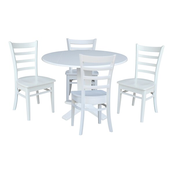 International Concepts 42 in. Solid Wood Round Drop Leaf Pedestal Table with 4 Dining Chairs in White - K08-42DPT-23B-C617-4