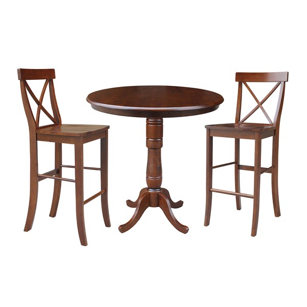 International Concepts Round 36 in Rd Pedestal Bar Height Table, 2 X-Back Bar Height Stools, Espresso, 36 in W, 36 in L - K581-36-6B-2-6133