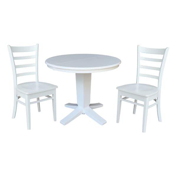 International Concepts 36 in. Solid Wood Round Extension Dining Table with 2 Dining Chairs in White - K08-36RXT-23B-C617-2
