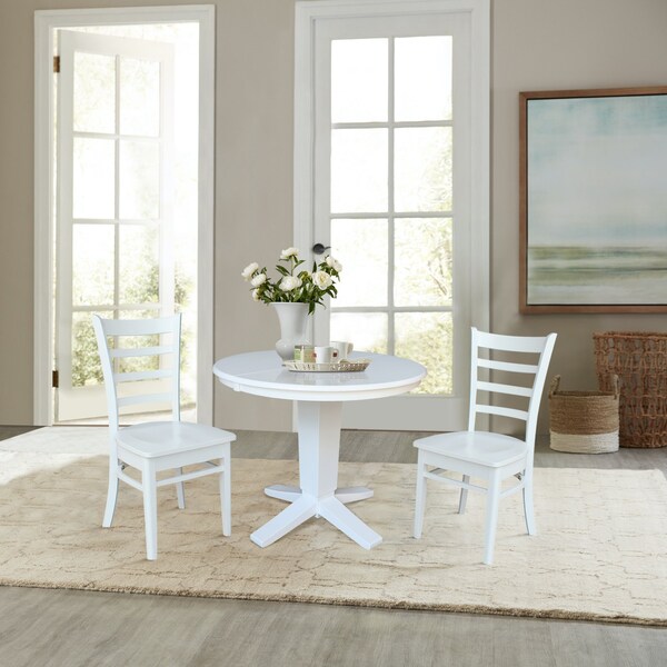 International Concepts 36 in. Solid Wood Round Extension Dining Table with 2 Dining Chairs in White - K08-36RXT-23B-C617-2