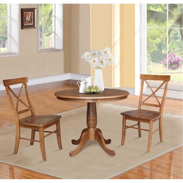 International Concepts Round 36 in Rd Top Pedestal Table, 2 X-Back Chairs, Distressed Oak, 36 in W, 36 in L, 29.1 in H, Wood - K42-36RT-C613-2