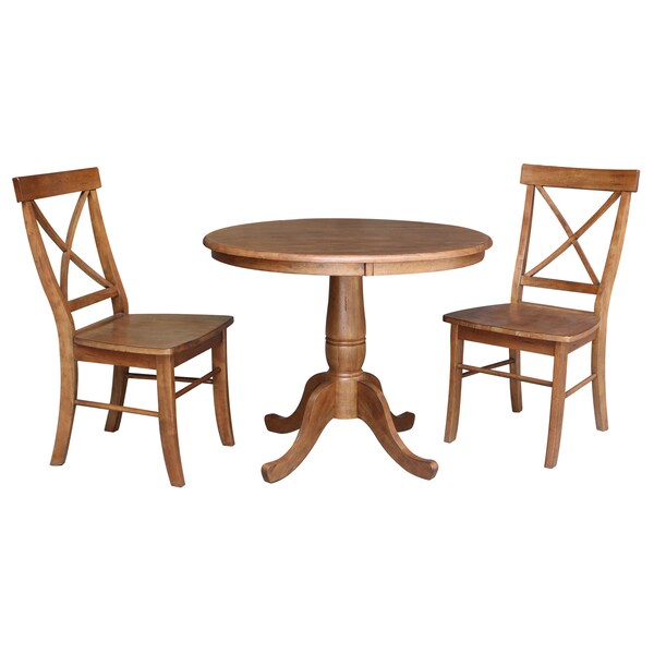 International Concepts Round 36 in Rd Top Pedestal Table, 2 X-Back Chairs, Distressed Oak, 36 in W, 36 in L, 29.1 in H, Wood - K42-36RT-C613-2