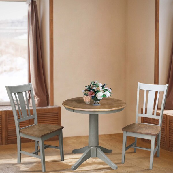 International Concepts Round 30 in Rd Top Pedestal Table, 2 San Remo Chairs, Hickory/Stone, 30 in W, 30 in L, 29.9 in H - K41-30RT-27B-C10-2