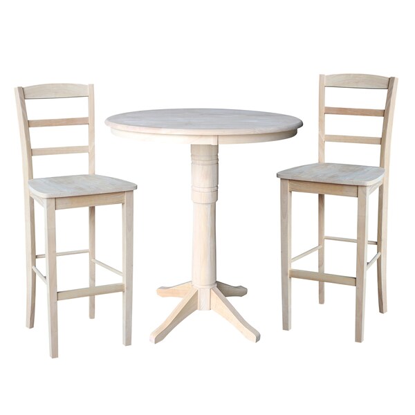 International Concepts Round 36 in Rd Pedestal Bar Height Table, 2 Madrid Bar Height Stools, Unfinished, 36 in W, 36 in L - K-36RT-27B-S403-2