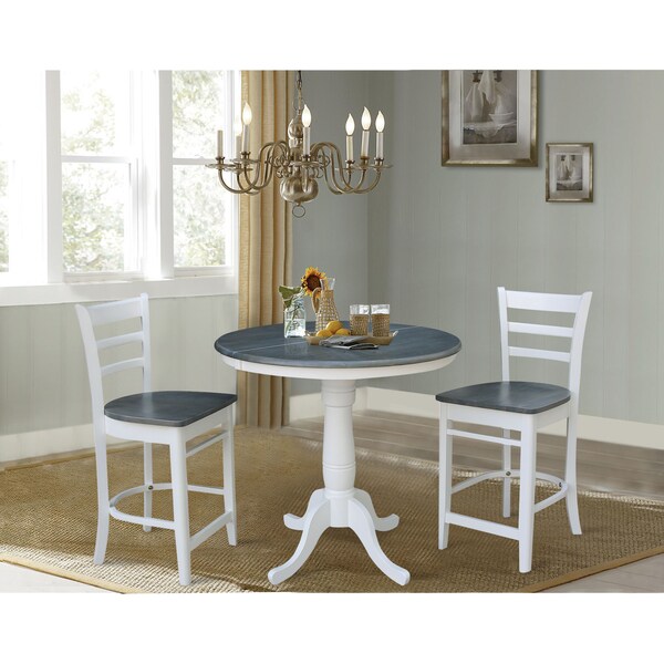 International Concepts Round 36 in Rd Extend Dining Table, 2 Emily Stools, White/Heather Gray, 36 in W, 48 in L, 35.3 in H - K05-36RXT-6B-S6172-2