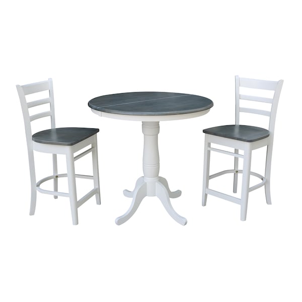 International Concepts Round 36 in Rd Extend Dining Table, 2 Emily Stools, White/Heather Gray, 36 in W, 48 in L, 35.3 in H - K05-36RXT-6B-S6172-2