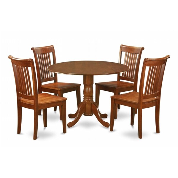 East West Furniture 5PC Kitchen Round Table Featured 2 Drop Leaves and 4 Chairs with Wood Seat - DLPO5-SBR-W