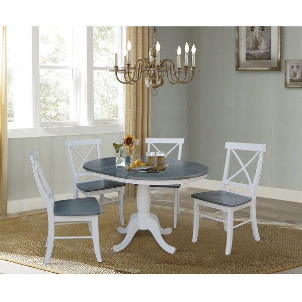 International Concepts Round 36 in Rd Extension Dining Table, 4 X-back Chairs, White/Heather Gray, 36 in W, 48 in L, Wood - K05-36RXT-C613-4