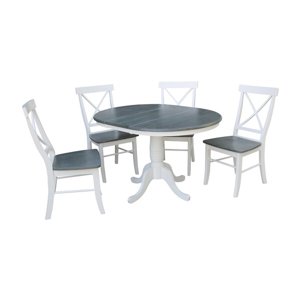 International Concepts Round 36 in Rd Extension Dining Table, 4 X-back Chairs, White/Heather Gray, 36 in W, 48 in L, Wood - K05-36RXT-C613-4