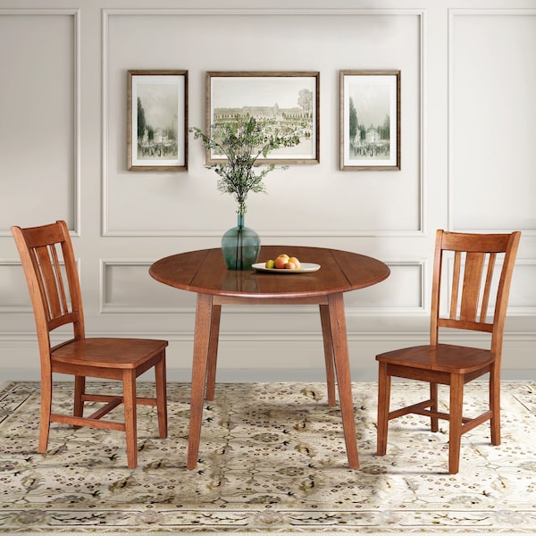 International Concepts 42 in. Solid Wood Round Dual Drop Leaf Dining Table with 2 Chairs in Distressed Oak - K42-42DL-C10-2
