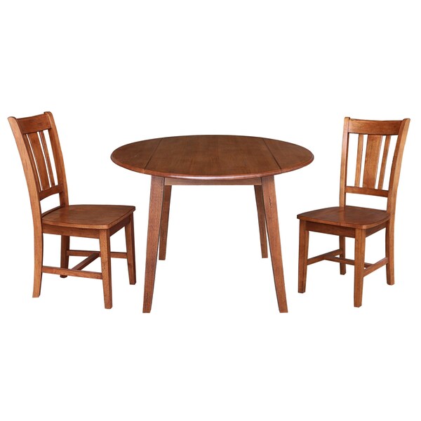 International Concepts 42 in. Solid Wood Round Dual Drop Leaf Dining Table with 2 Chairs in Distressed Oak - K42-42DL-C10-2