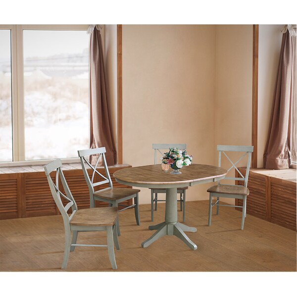 International Concepts Round 36 in Rd Extension Dining Table, 4 X-Back Chairs, Hickory/Stone, 36 in W, 48 in L, 30.1 in H - K41-36RXT-27B-C613-4