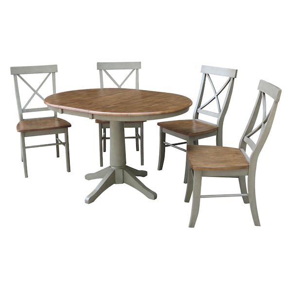 International Concepts Round 36 in Rd Extension Dining Table, 4 X-Back Chairs, Hickory/Stone, 36 in W, 48 in L, 30.1 in H - K41-36RXT-27B-C613-4