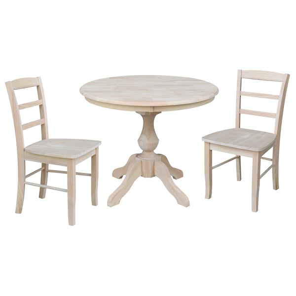 International Concepts Round 36 in Round Top Pedestal Table, with 2 Madrid Chairs, Unfinished, 36 in W, 36 in L, 29.9 in H - K-36RT-11B-C2-2