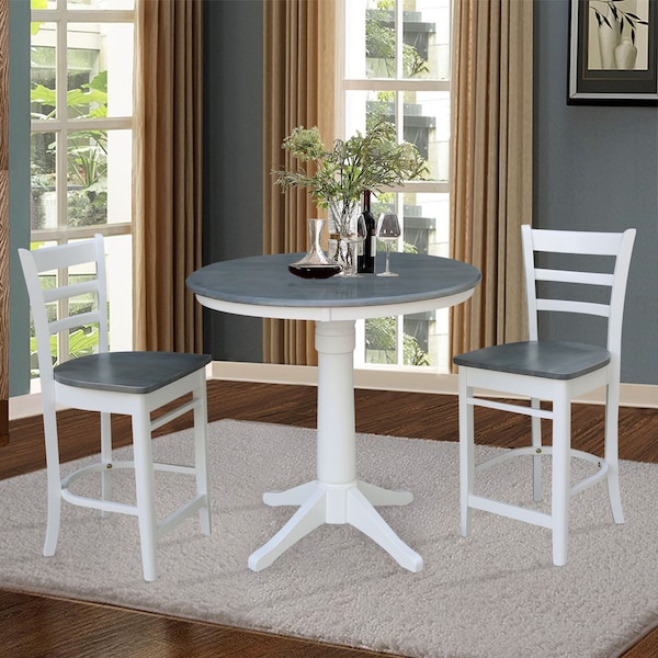 International Concepts Round 36 in Rd Ped Gathering Ht Table, 2 Emily Stools, White/Heather Gray, 36 in W, 36 in L, Wood - K05-36RT-27B-S6172-2