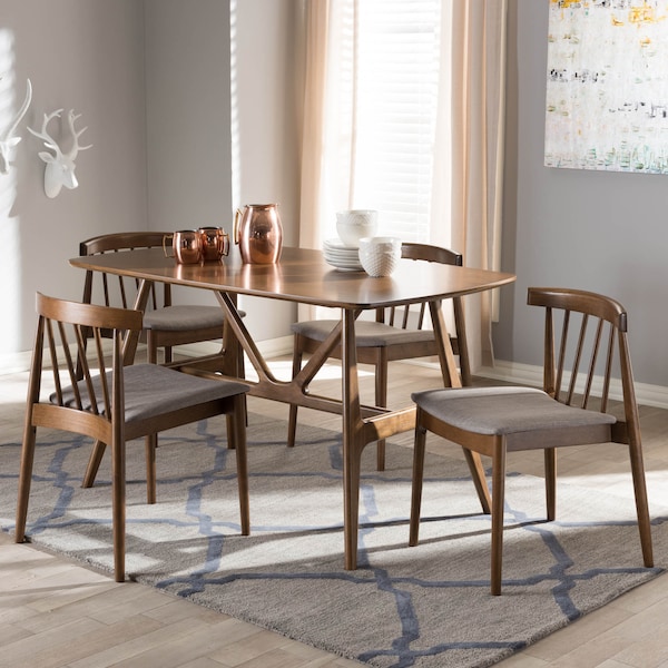 Baxton Studio Wyatt Mid-Century Modern Walnut Wood 5-Piece Dining Set - 142-8020-8021