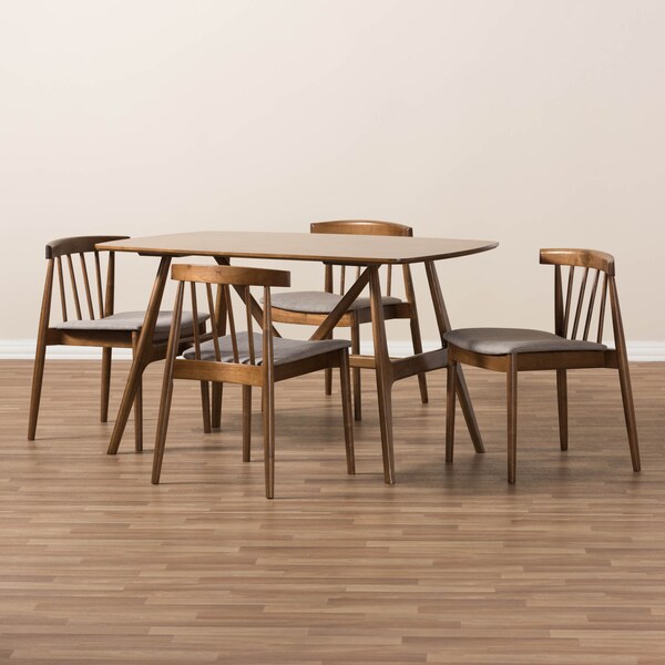 Baxton Studio Wyatt Mid-Century Modern Walnut Wood 5-Piece Dining Set - 142-8020-8021