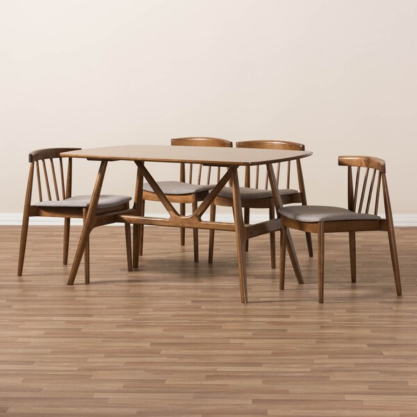 Baxton Studio Wyatt Mid-Century Modern Walnut Wood 5-Piece Dining Set - 142-8020-8021