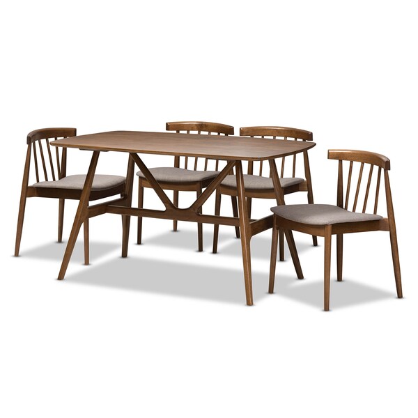 Baxton Studio Wyatt Mid-Century Modern Walnut Wood 5-Piece Dining Set - 142-8020-8021