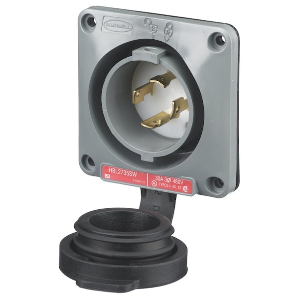 Hubbell Wiring Device-Kellems Locking Devices, Twist-Lock®, Watertight Safety Shroud, Flanged Inlet, 30A 3-Phase Delta 480V AC, 3-Pole 4-Wire Grounding, L16-30P, Screw Terminal - HBL2735SW