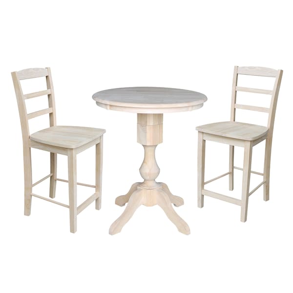 International Concepts Round 30 in Rd Ped Gathering Ht Table, 2 Madrid Counter Ht Stools, Unfinished, 30 in W, 30 in L, Wood - K-30RT-11P-S402-2
